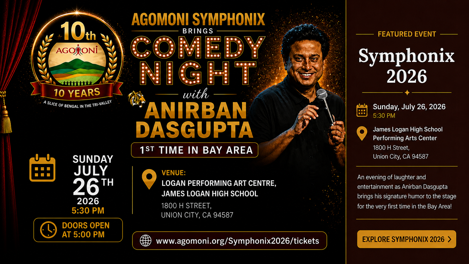 Agomoni Symphonix brings Comedy Night with Anirban Dasgupta — Sunday, July 26, 2026, Logan Performing Art Centre